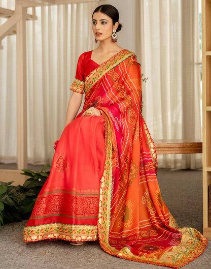 Coral Red Chiffon Printed Bandhani Saree