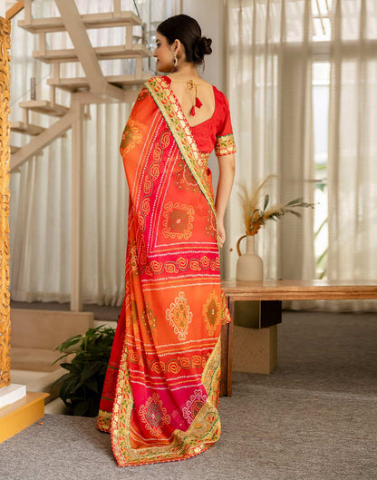 Coral Red Chiffon Printed Bandhani Saree