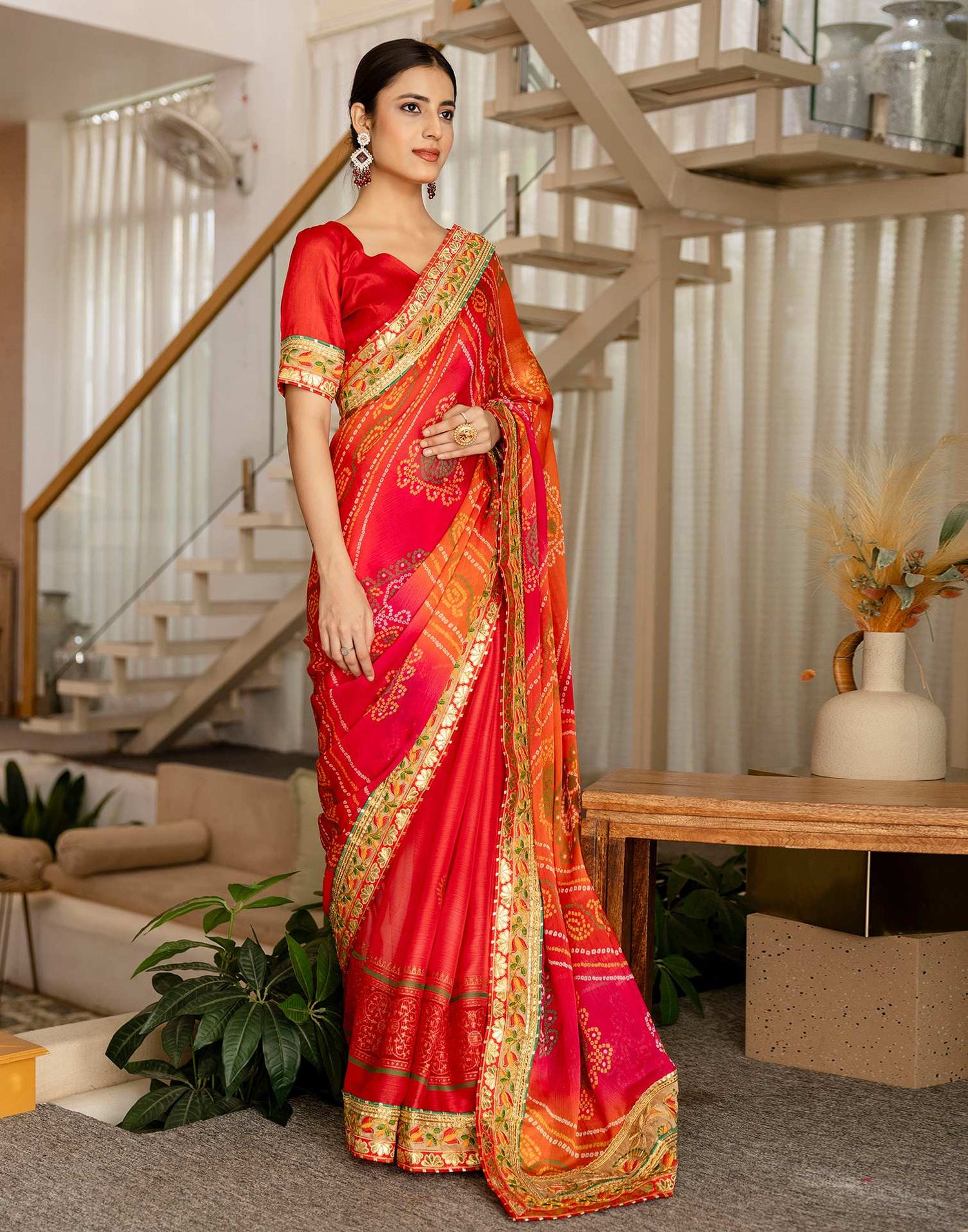 Coral Red Chiffon Printed Bandhani Saree