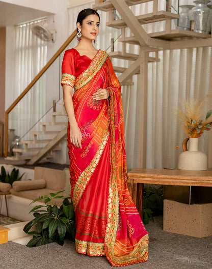Coral Red Chiffon Printed Bandhani Saree