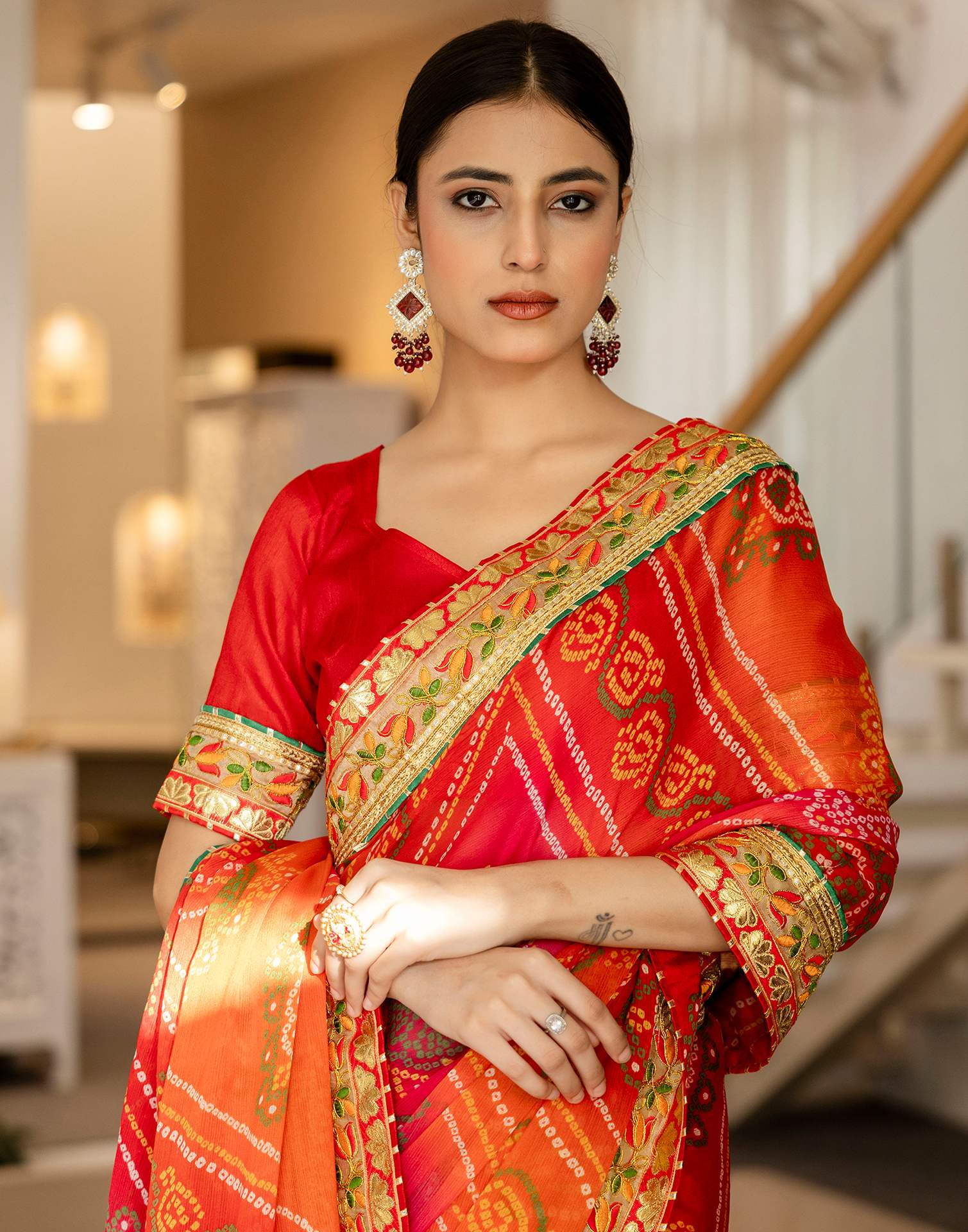 Coral Red Chiffon Printed Bandhani Saree