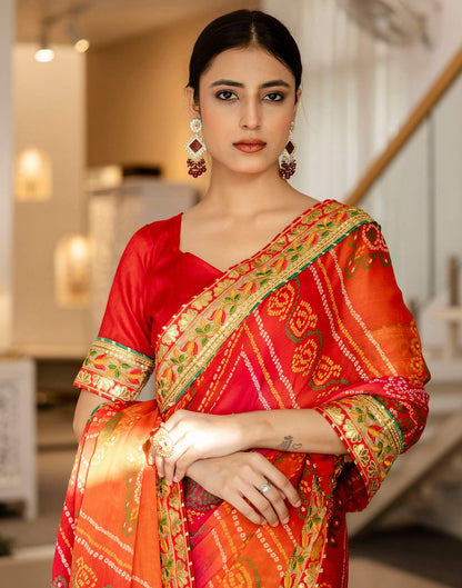 Coral Red Chiffon Printed Bandhani Saree
