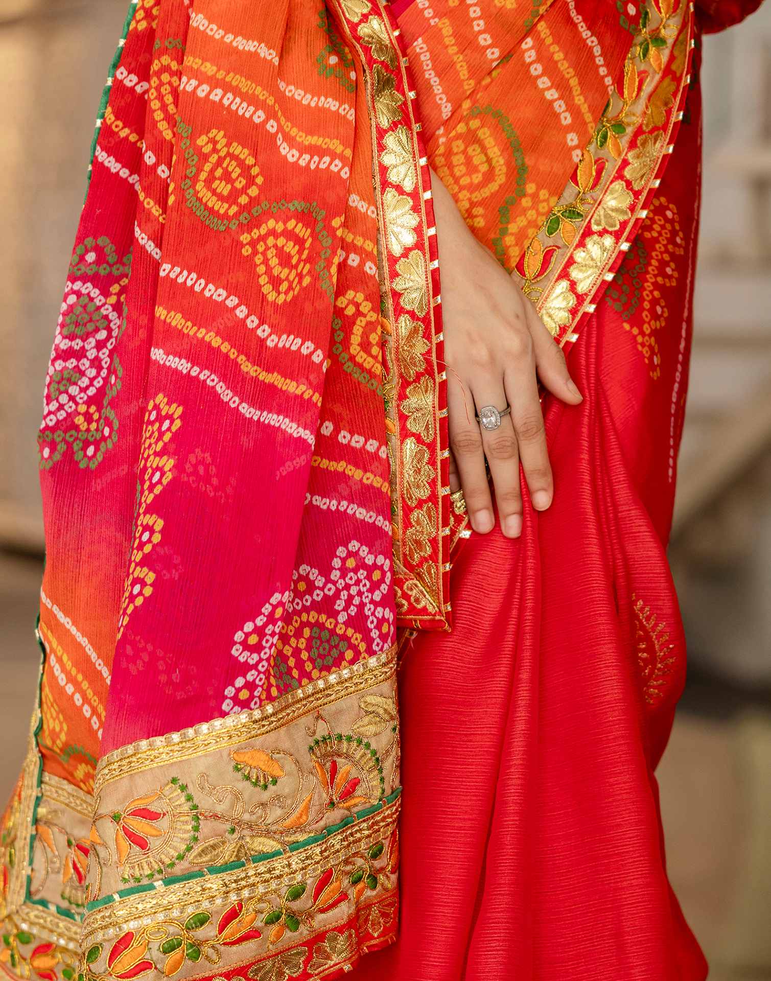 Coral Red Chiffon Printed Bandhani Saree