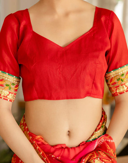 Coral Red Chiffon Printed Bandhani Saree