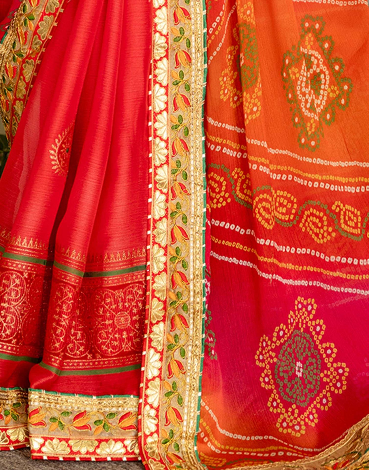 Coral Red Chiffon Printed Bandhani Saree