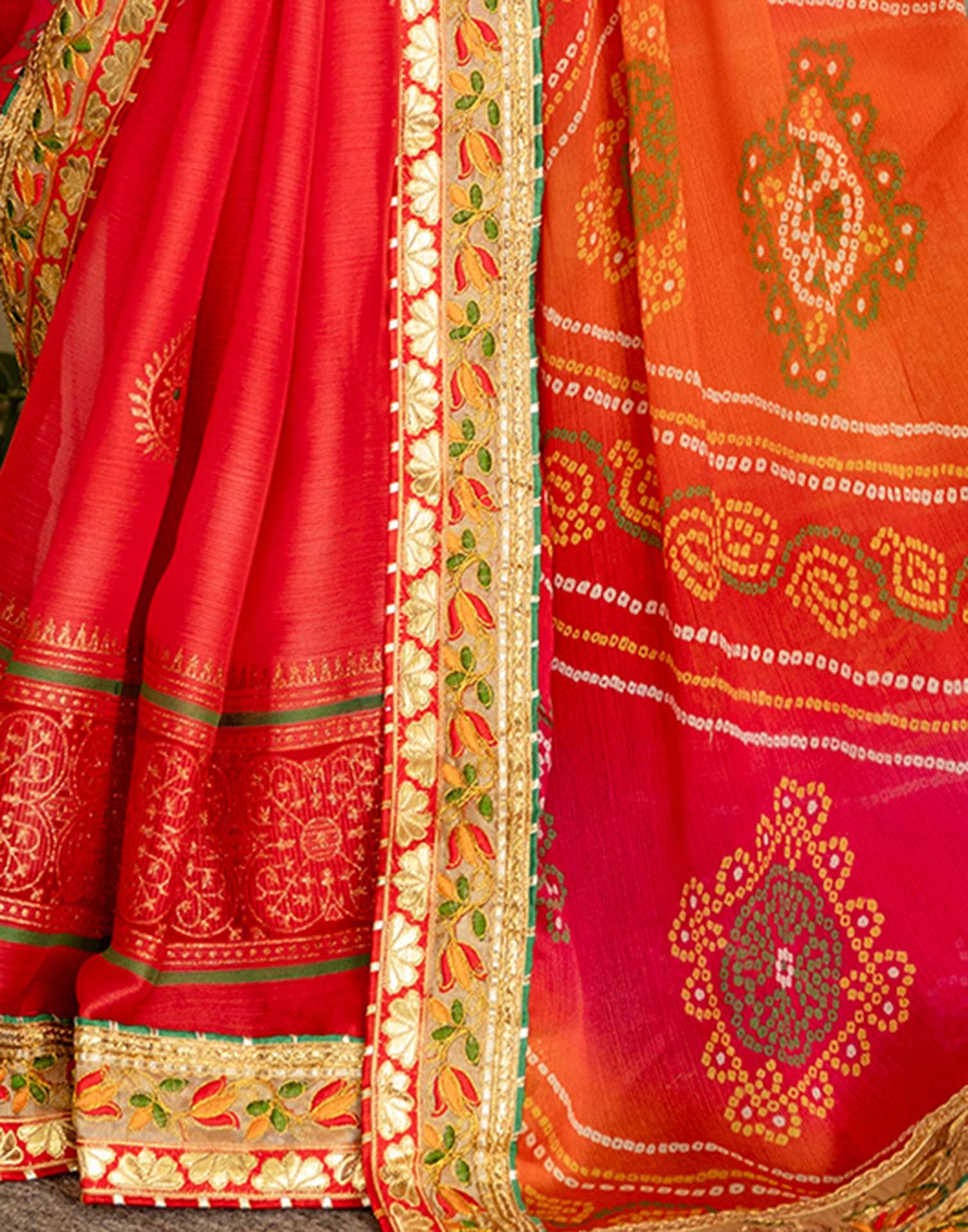 Coral Red Chiffon Printed Bandhani Saree