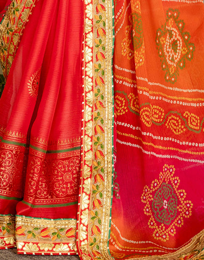 Coral Red Chiffon Printed Bandhani Saree