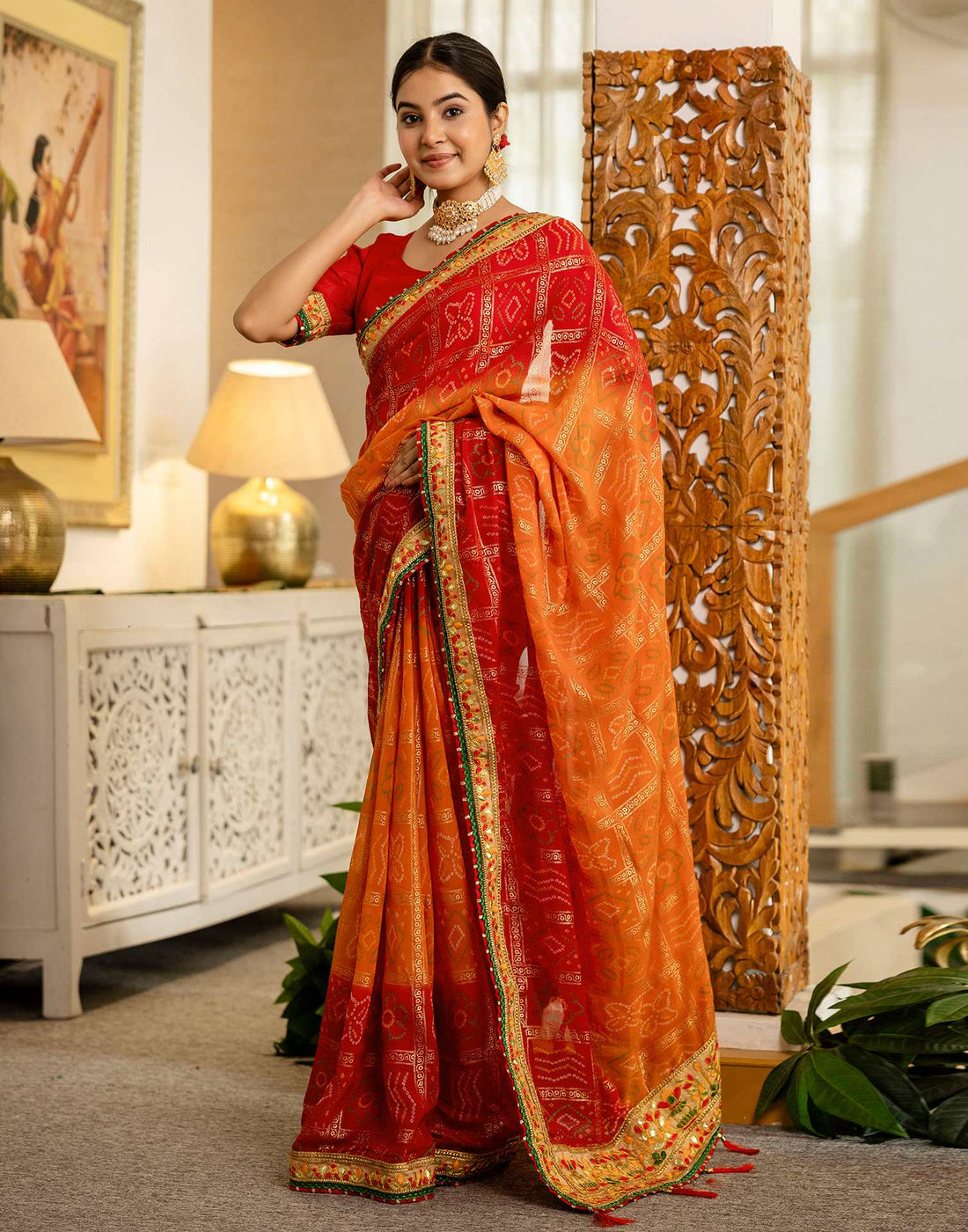 Orange Georgette Printed Bandhani Saree