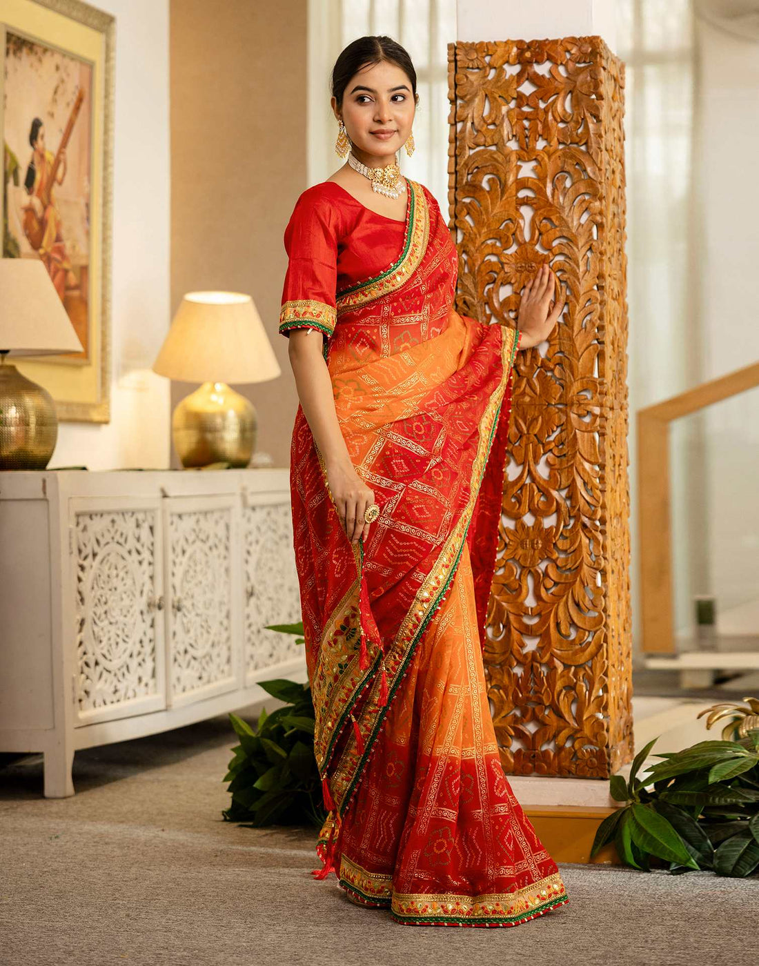 Orange Georgette Printed Bandhani Saree