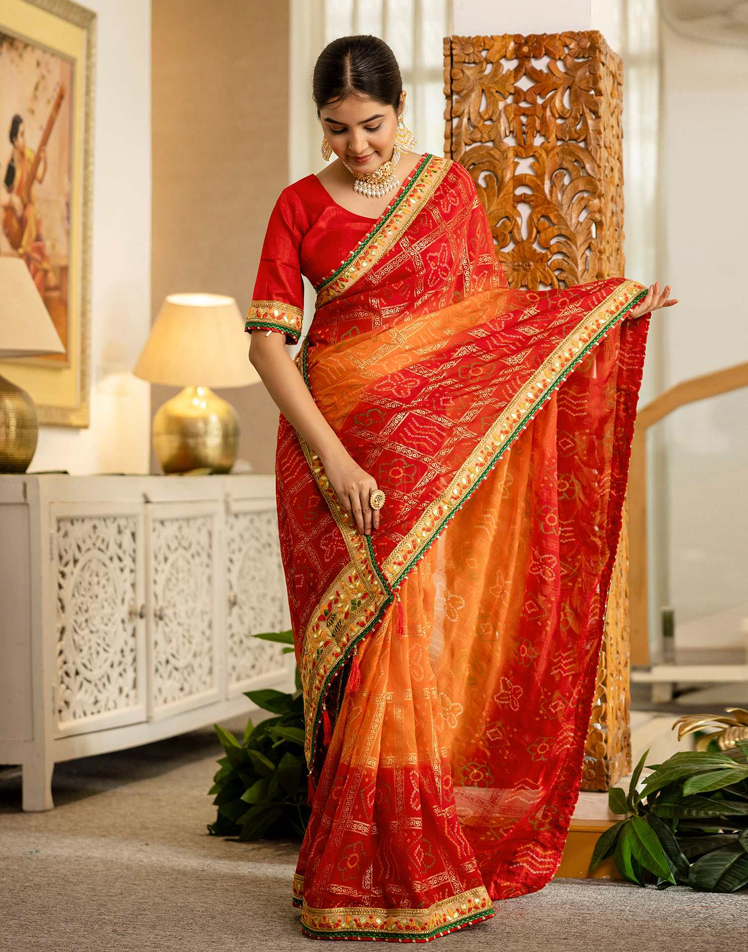Orange Georgette Printed Bandhani Saree