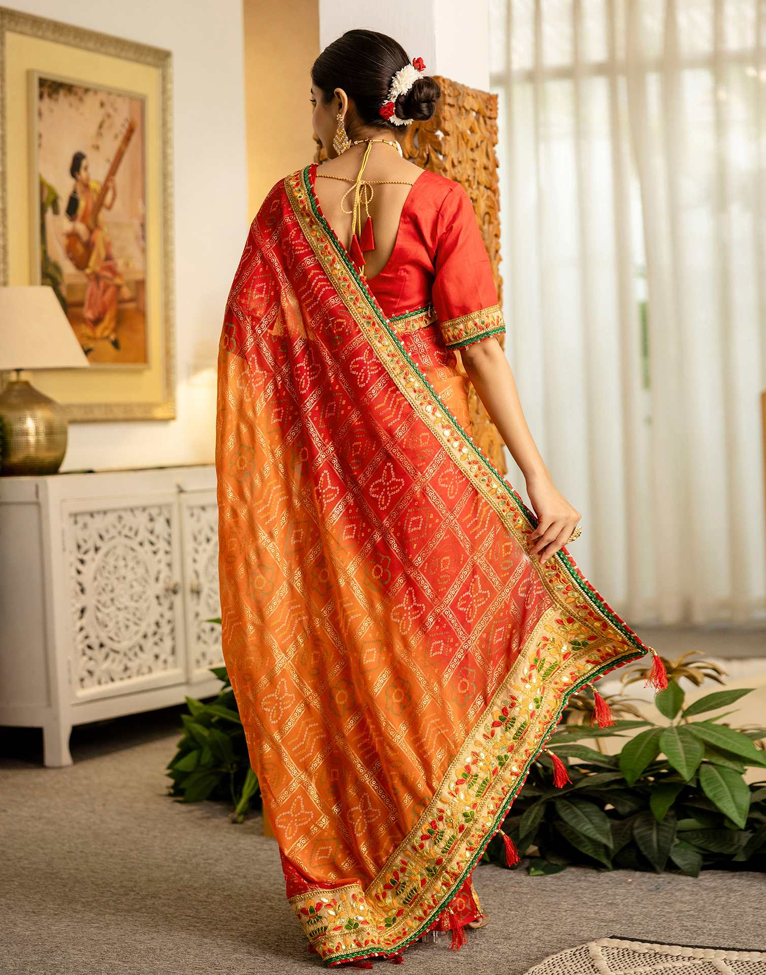 Orange Georgette Printed Bandhani Saree