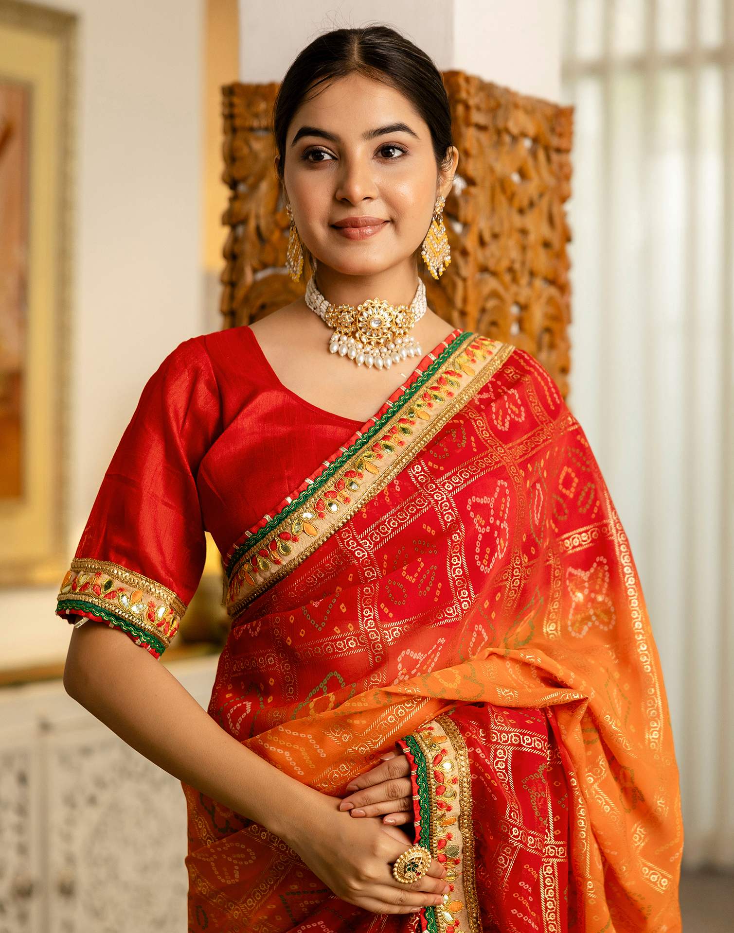 Orange Georgette Printed Bandhani Saree