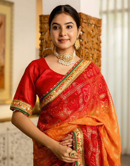 Orange Georgette Printed Bandhani Saree