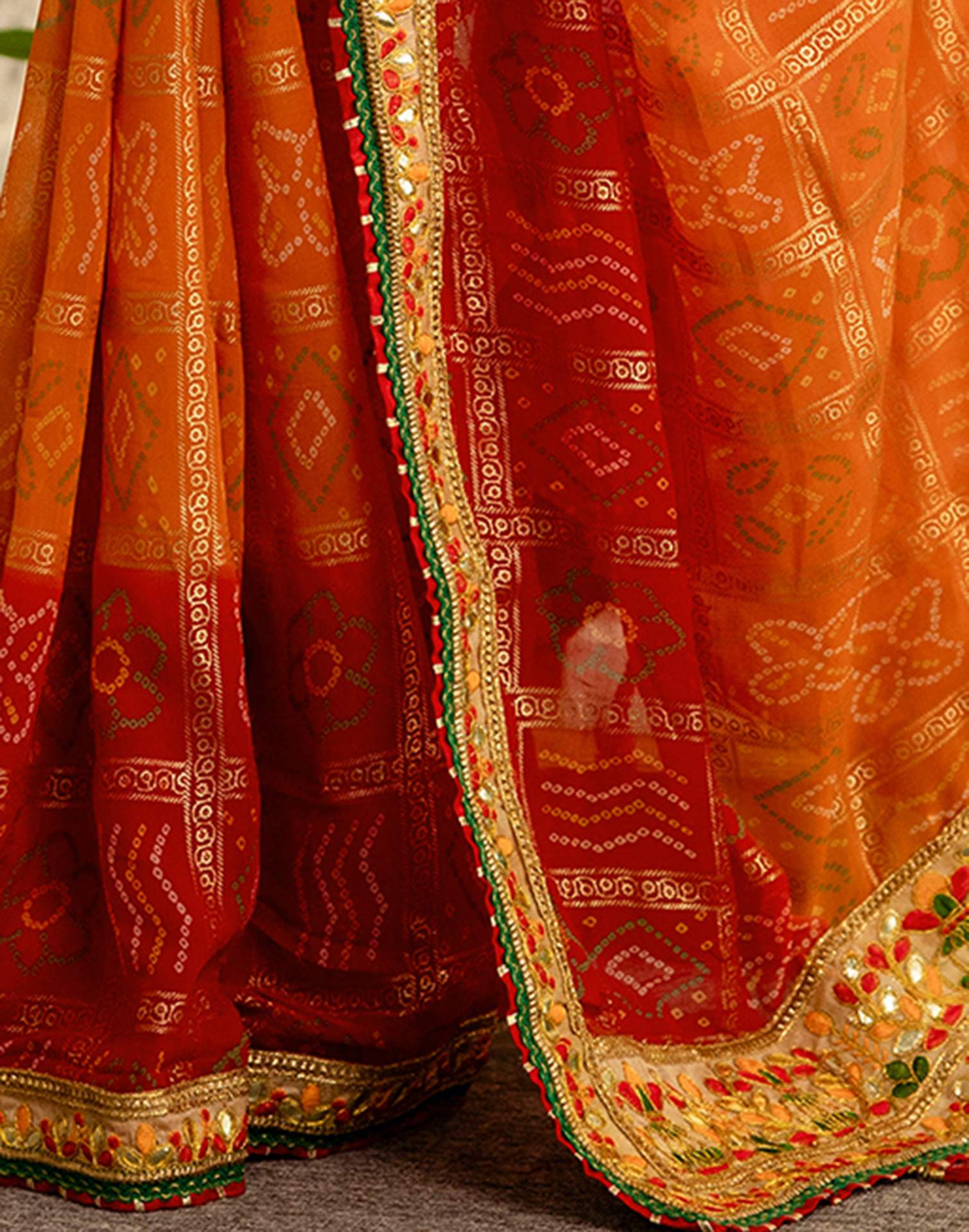 Orange Georgette Printed Bandhani Saree
