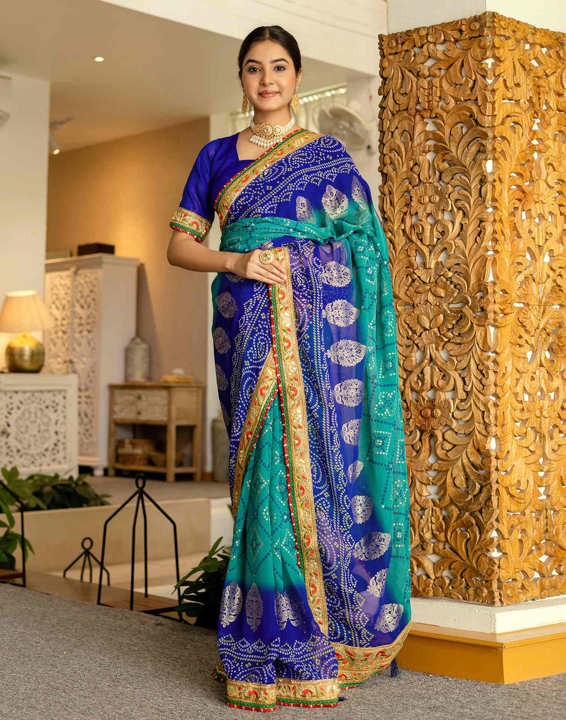 Teal Green Georgette Printed Bandhani Saree