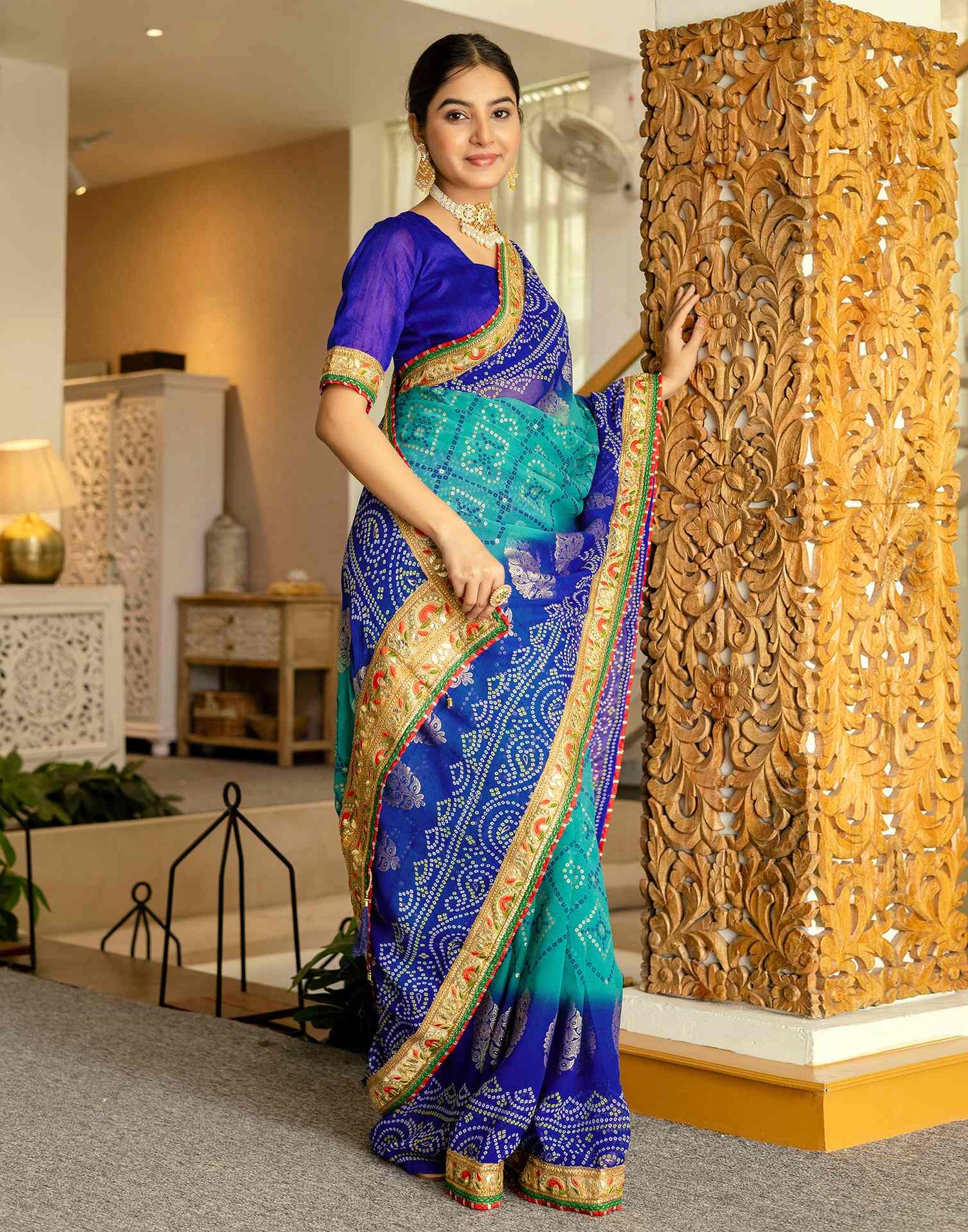 Teal Green Georgette Printed Bandhani Saree