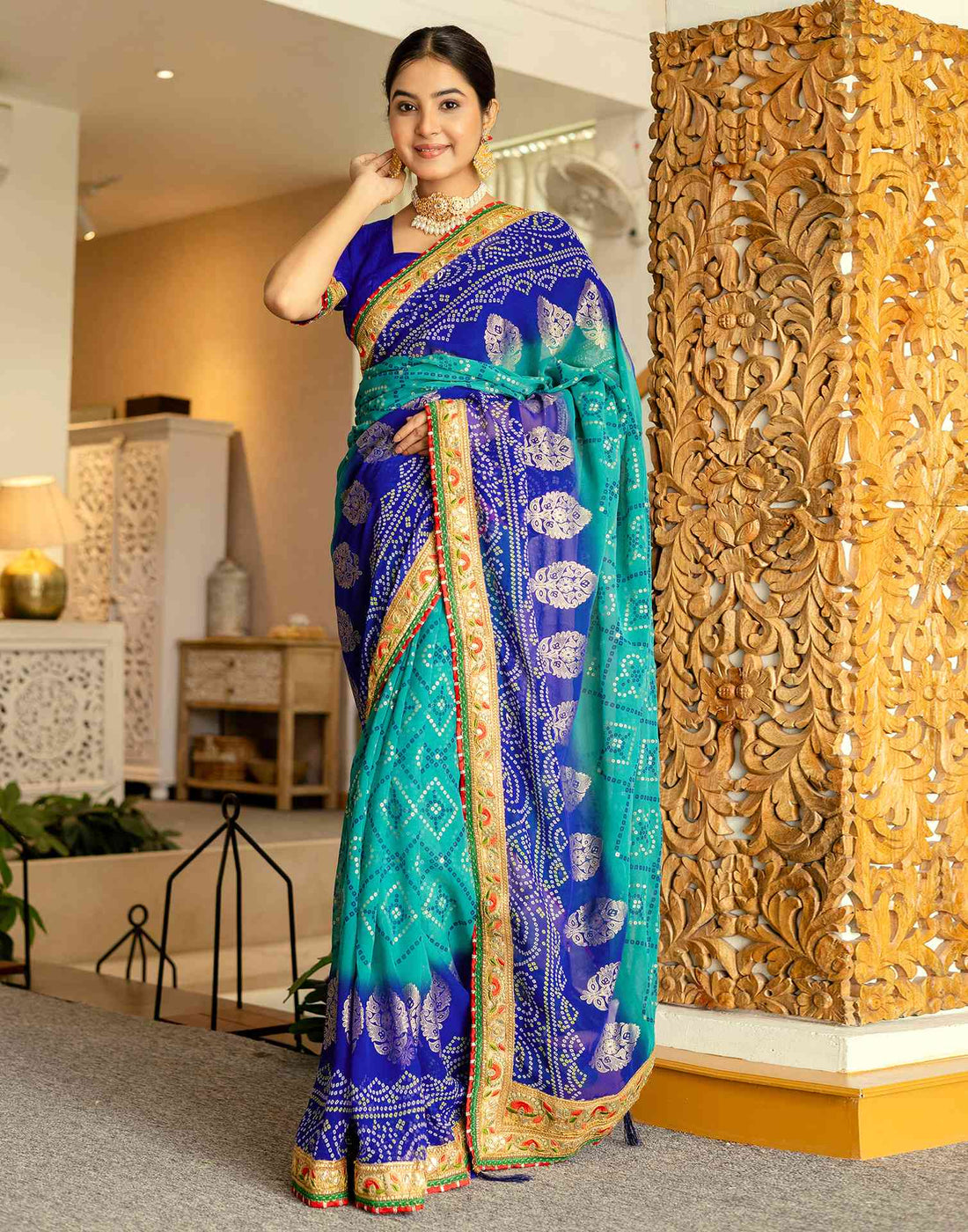 Teal Green Georgette Printed Bandhani Saree