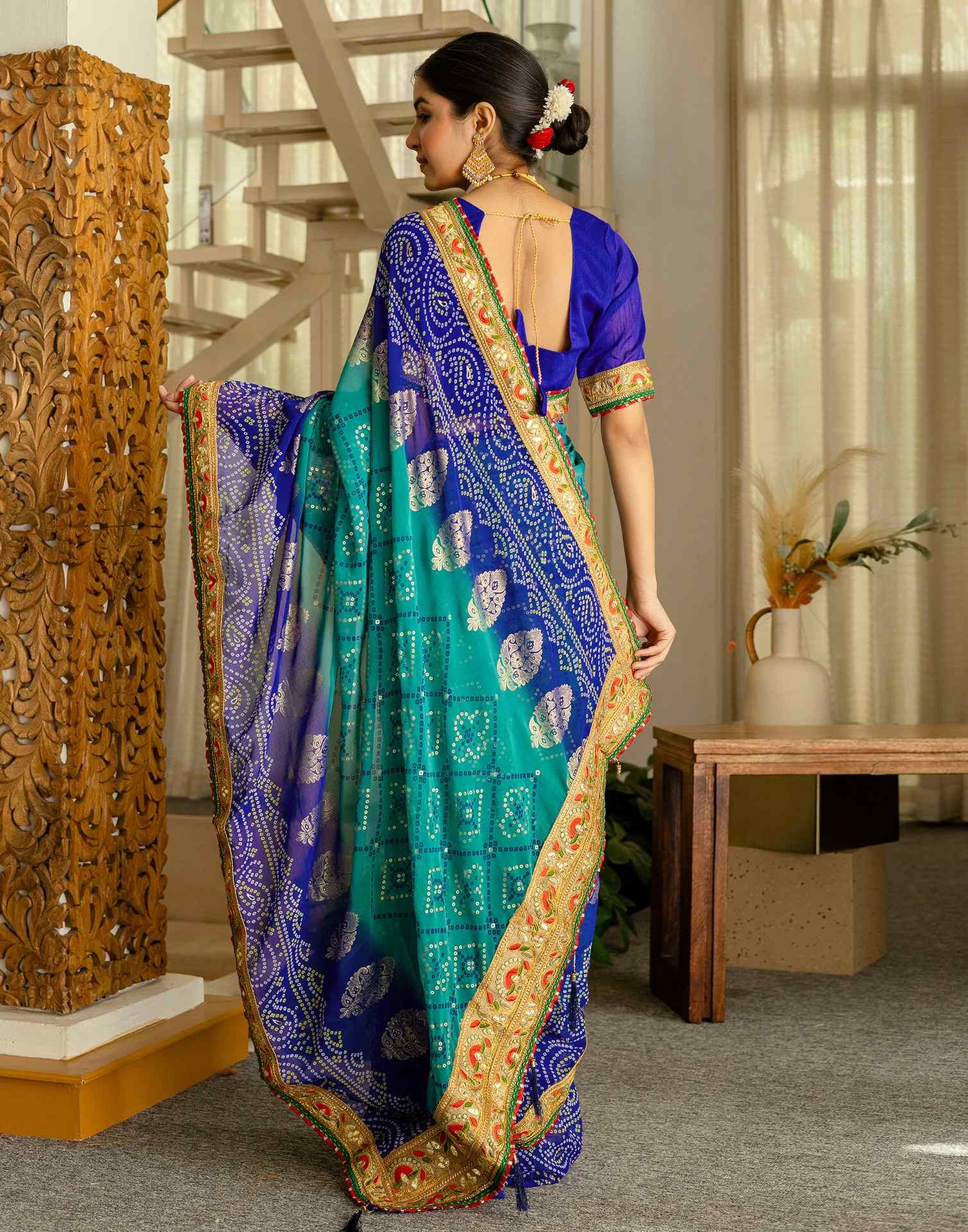 Teal Green Georgette Printed Bandhani Saree