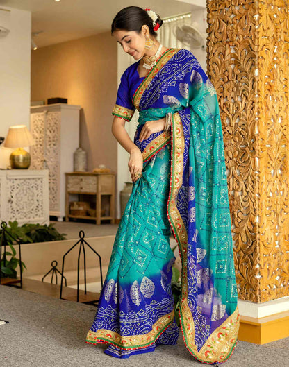 Teal Green Georgette Printed Bandhani Saree