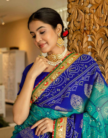 Teal Green Georgette Printed Bandhani Saree
