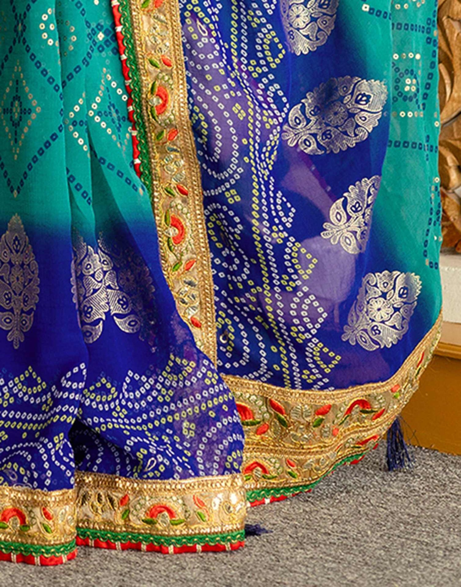 Teal Green Georgette Printed Bandhani Saree