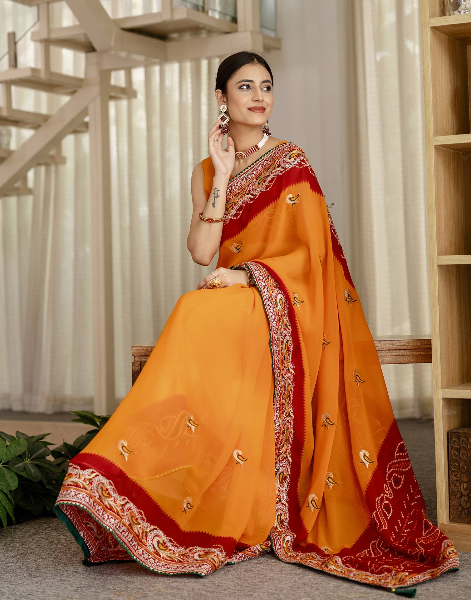 Turmeric Yellow Georgette Bandhani Embroidery Saree