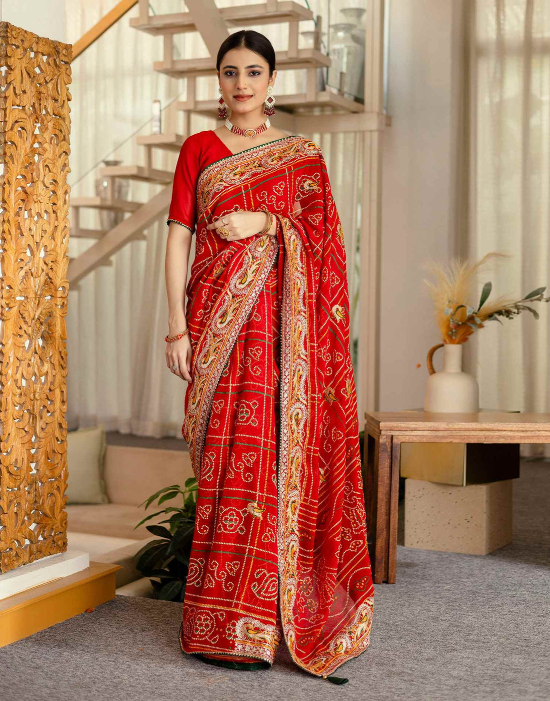 Red Georgette Printed Bandhani Saree