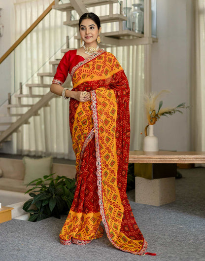 Red Georgette Printed Bandhani Saree