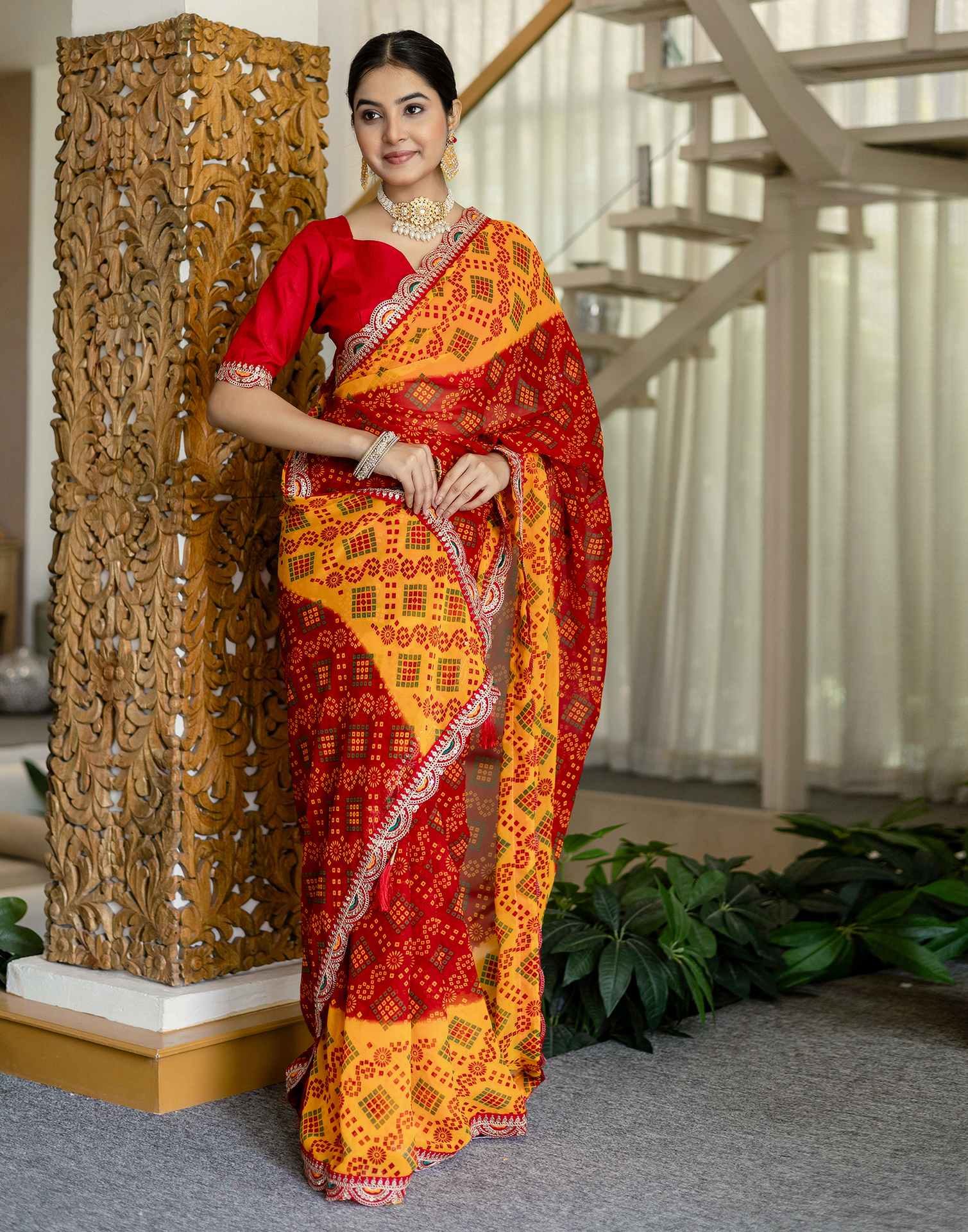 Red Georgette Printed Bandhani Saree
