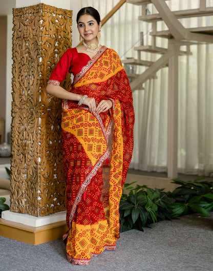 Red Georgette Printed Bandhani Saree