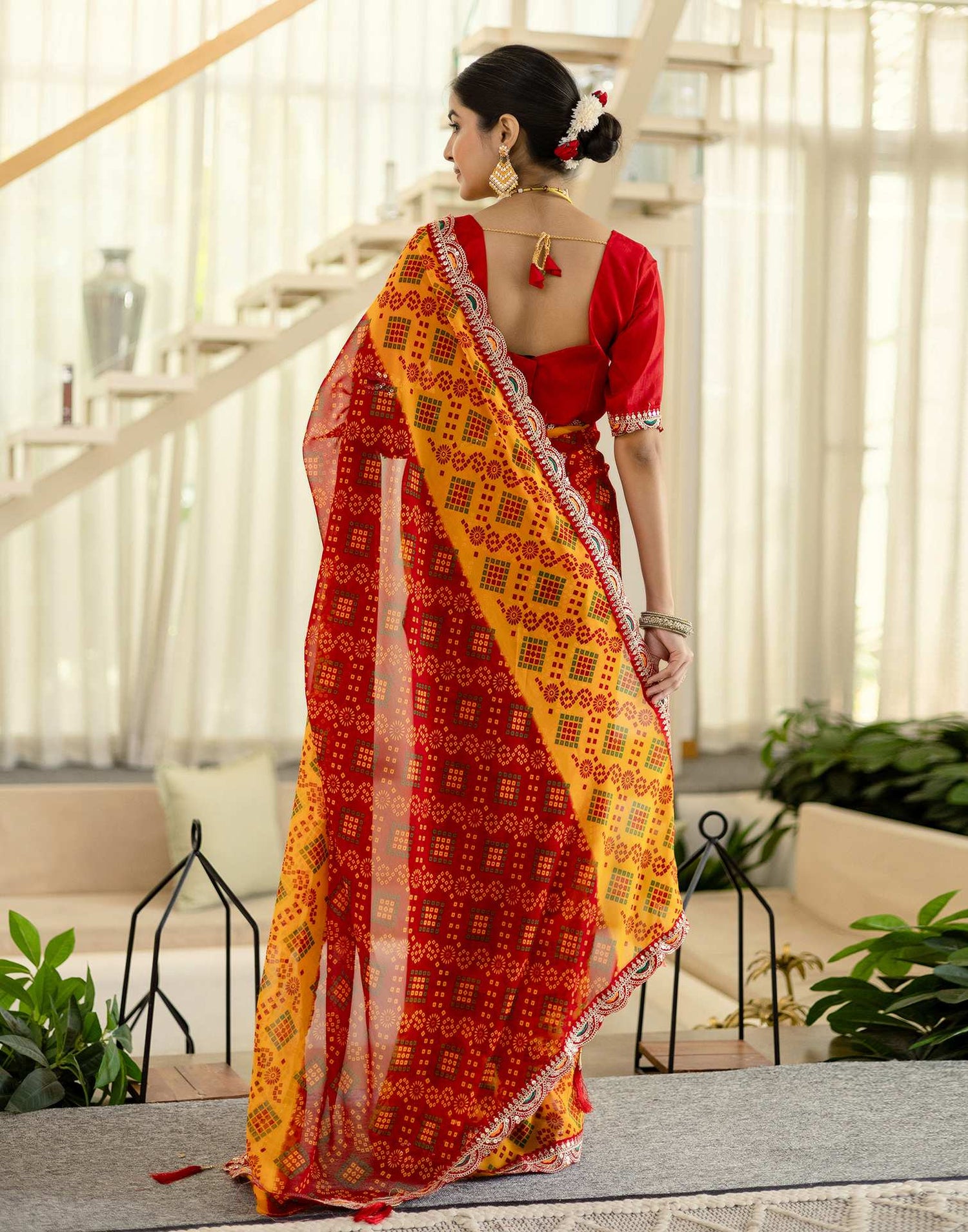 Red Georgette Printed Bandhani Saree