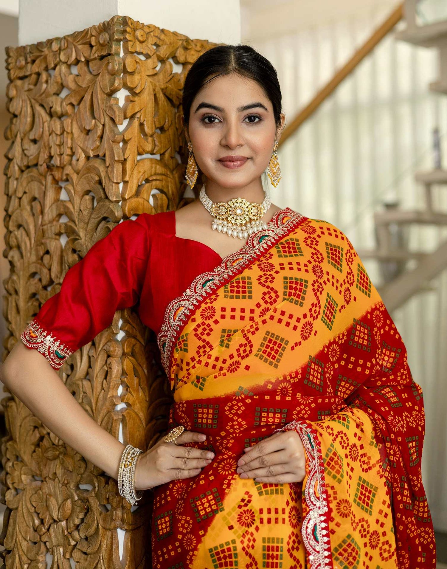 Red Georgette Printed Bandhani Saree