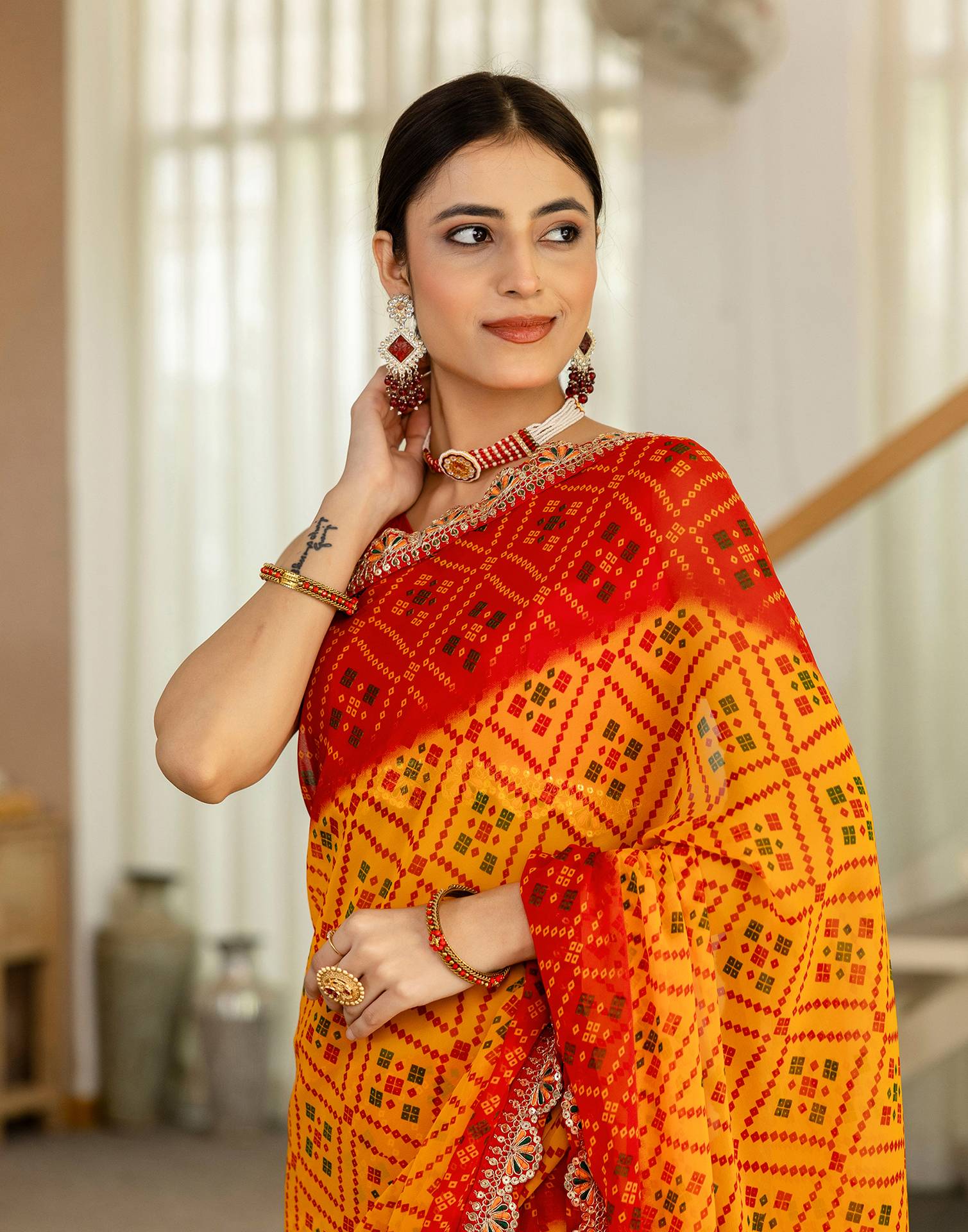 Yellow Georgette Printed Bandhani Saree
