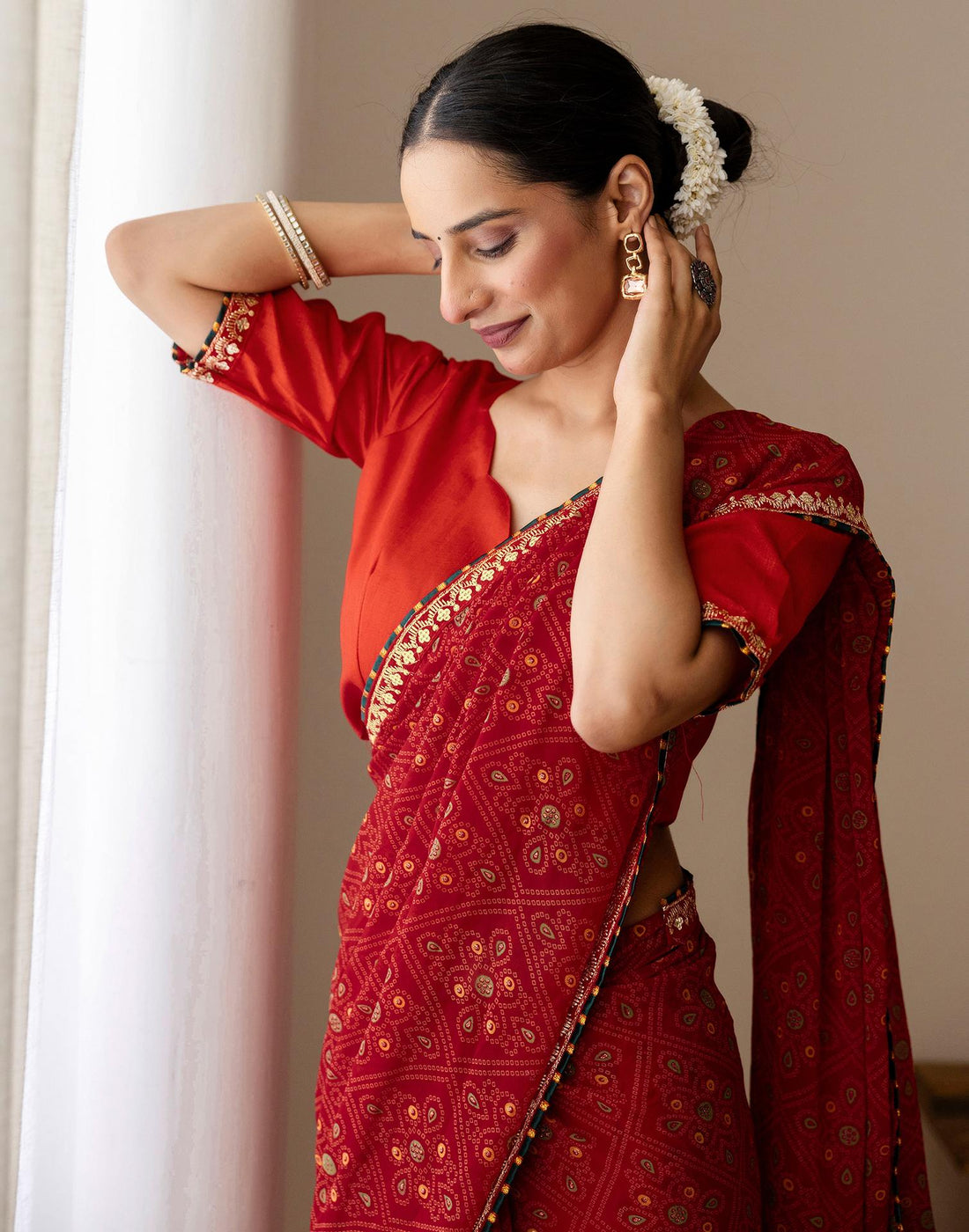 Red Georgette Printed Bandhani Saree