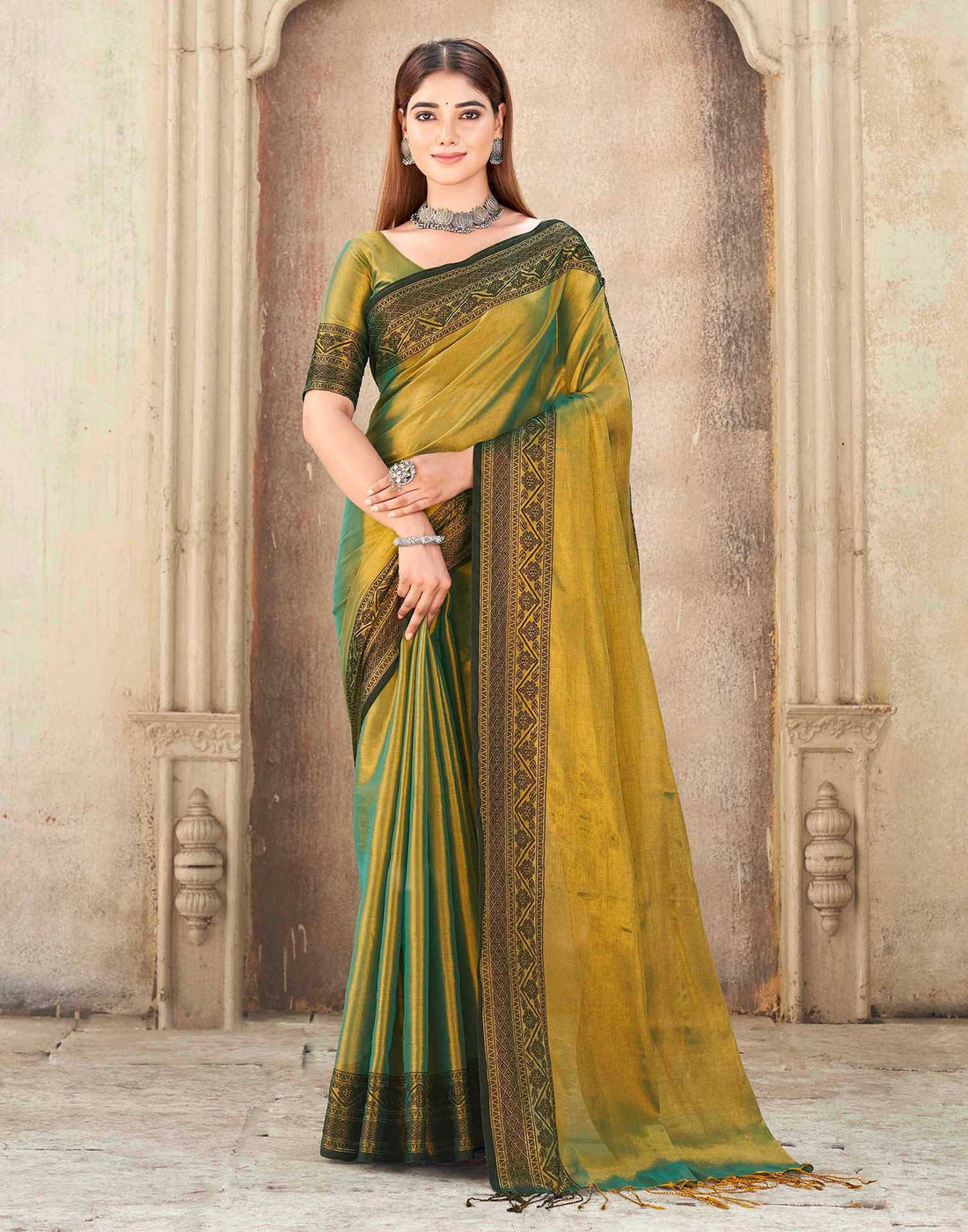 Dark Green Tissue Cotton Woven Saree