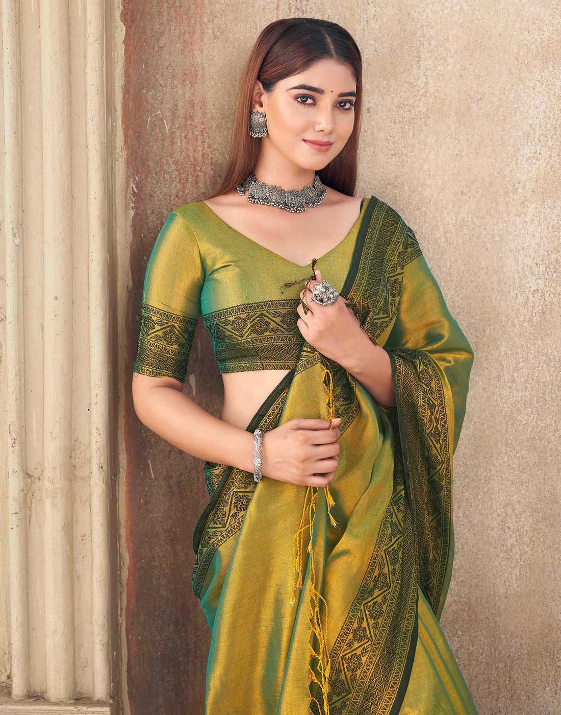 Dark Green Tissue Cotton Woven Saree