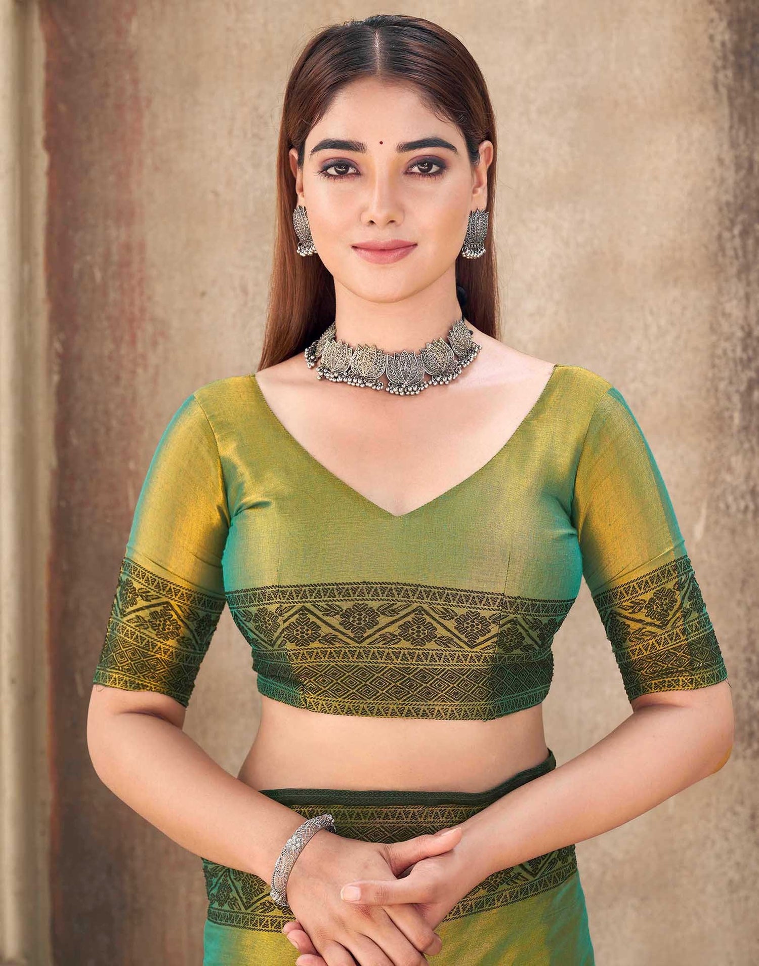 Dark Green Tissue Cotton Woven Saree
