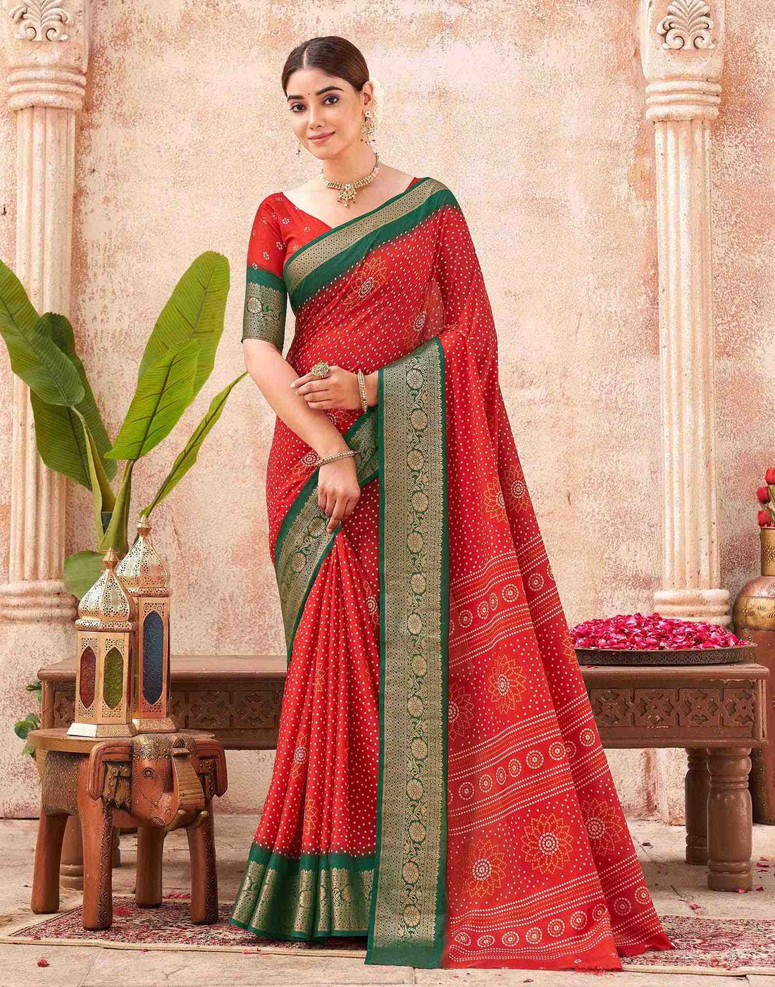 Red Silk Printed Bandhani Saree
