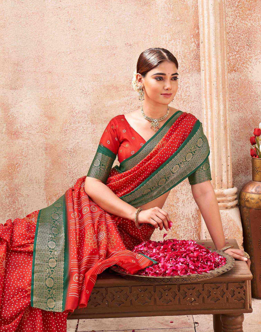 Red Silk Printed Bandhani Saree