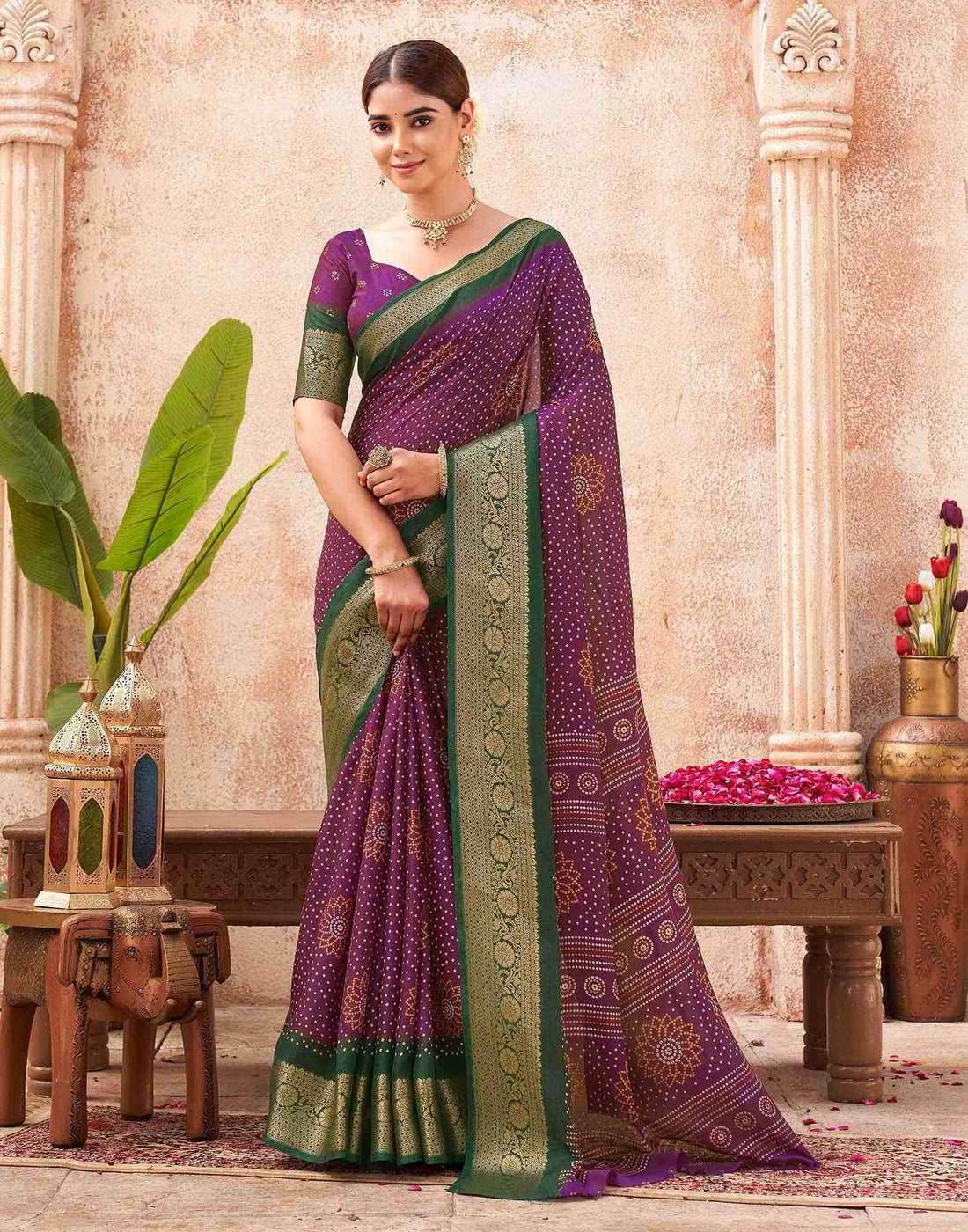 Purple Silk Printed Bandhani Saree