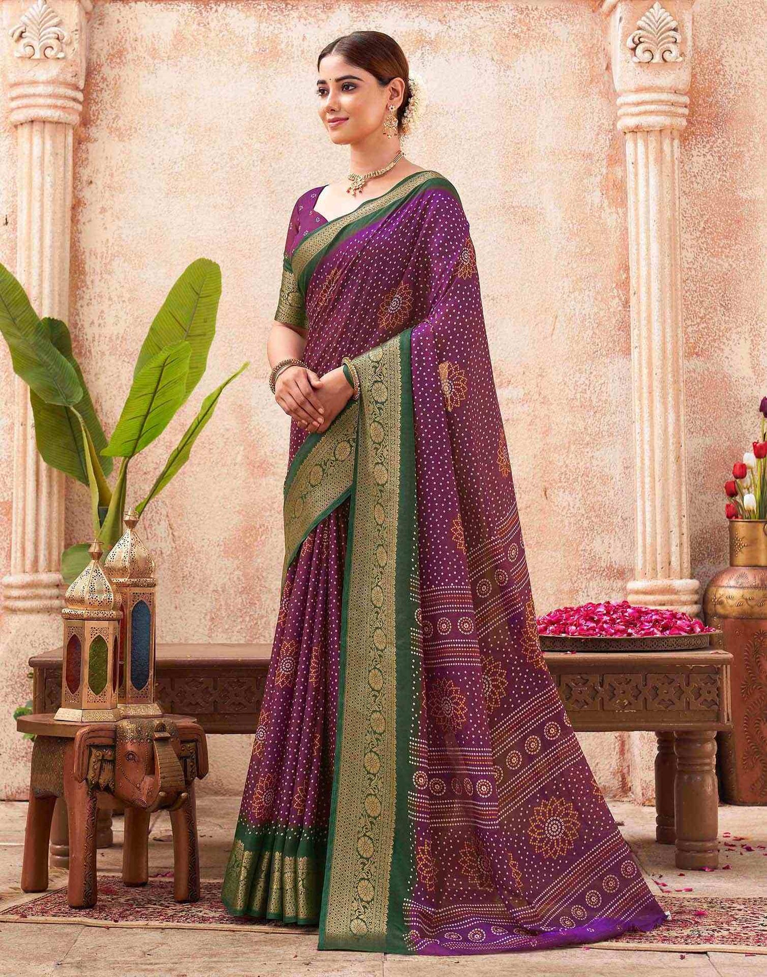 Purple Silk Printed Bandhani Saree