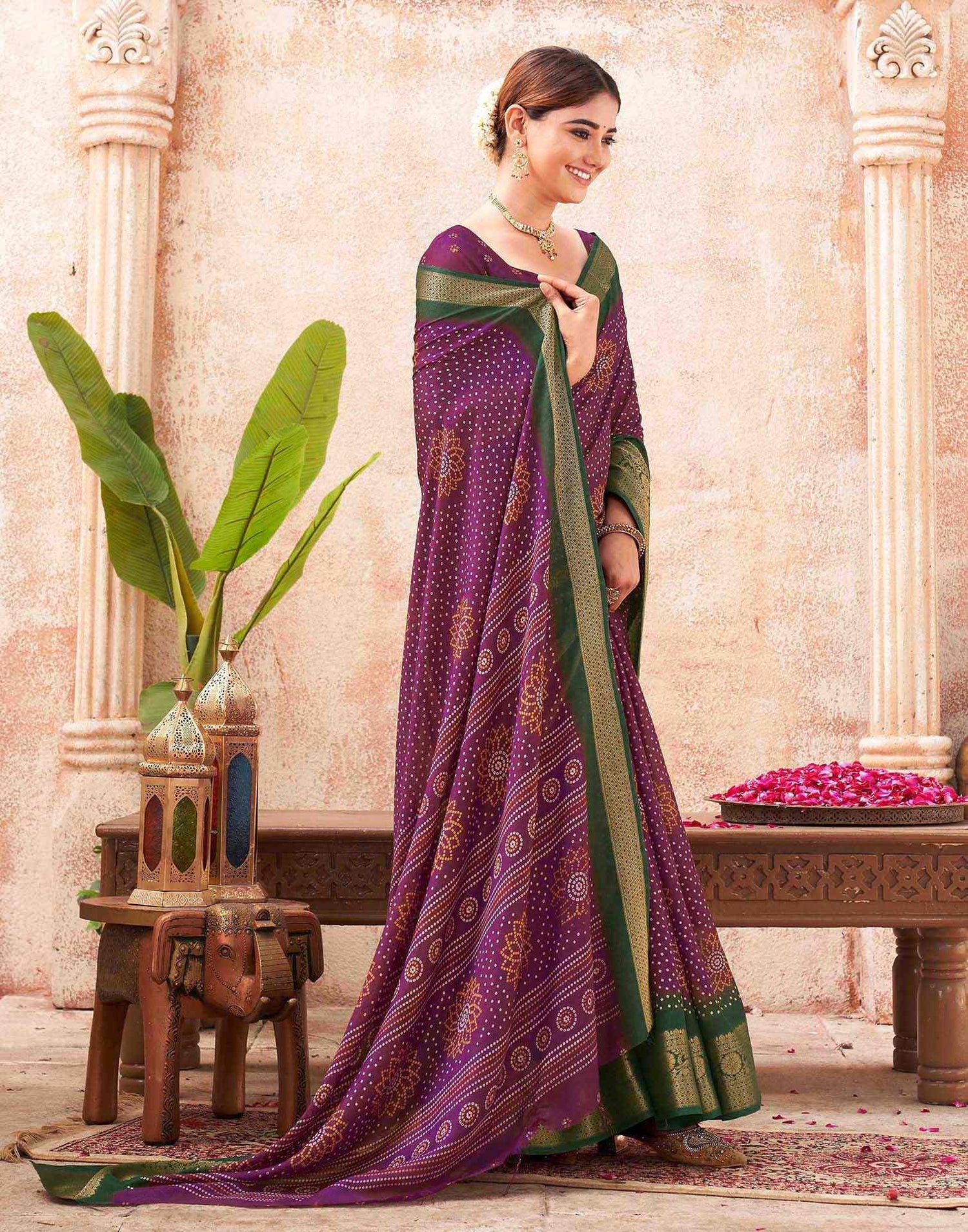 Purple Silk Printed Bandhani Saree
