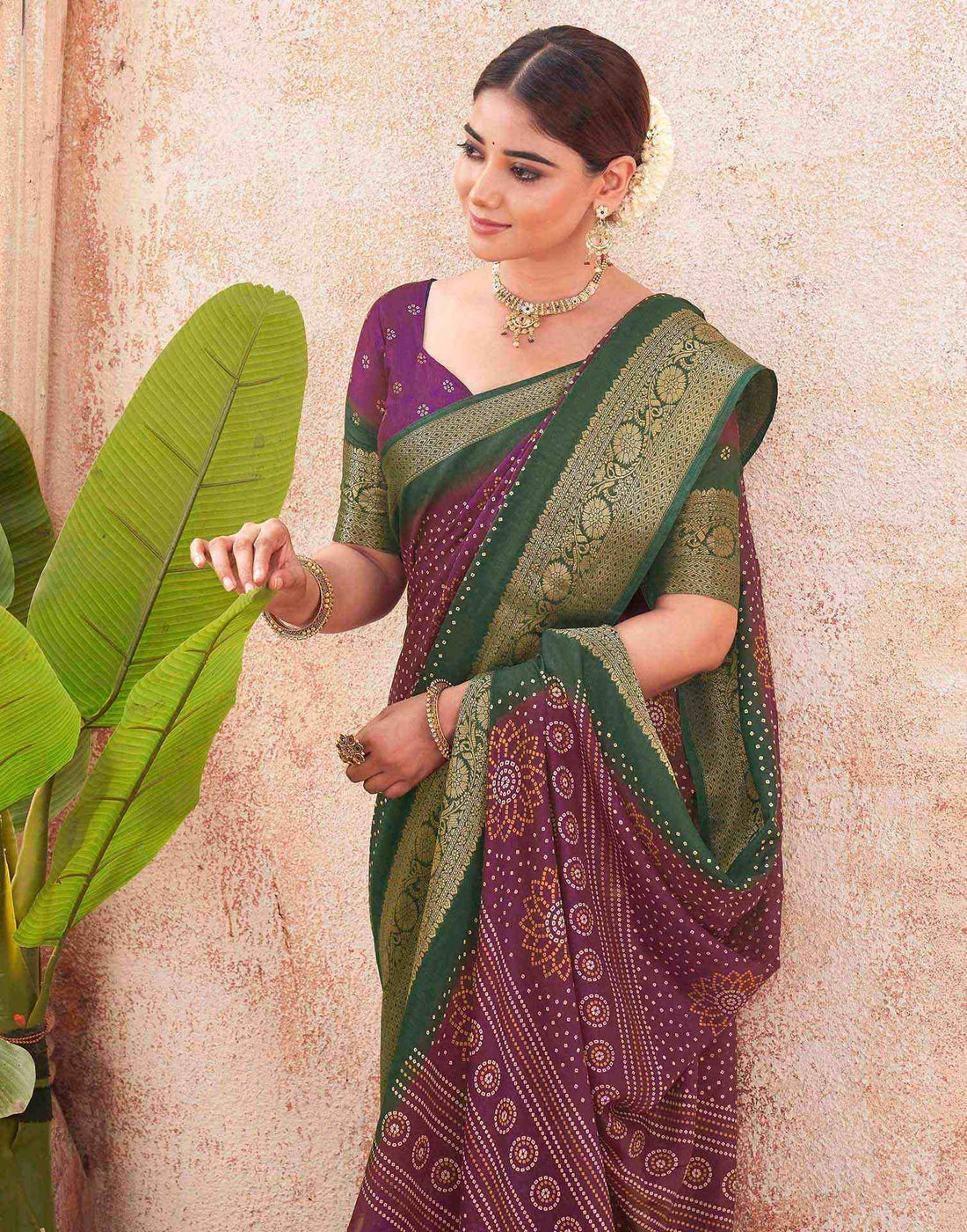 Purple Silk Printed Bandhani Saree