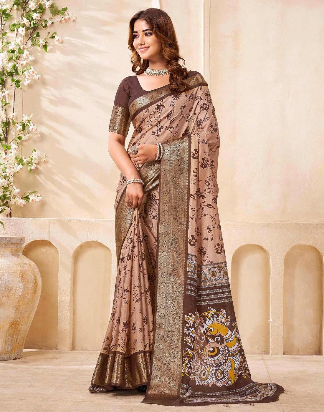 Brown Silk Printed Saree