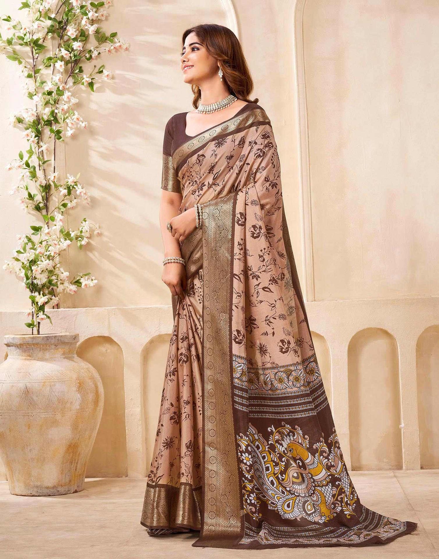 Brown Silk Printed Saree