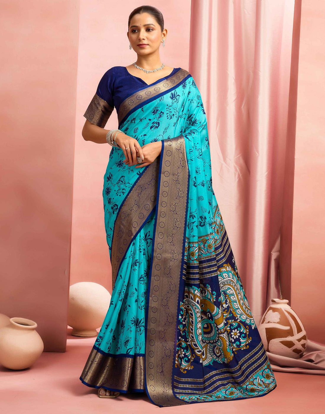 Turquoise Silk Printed Saree