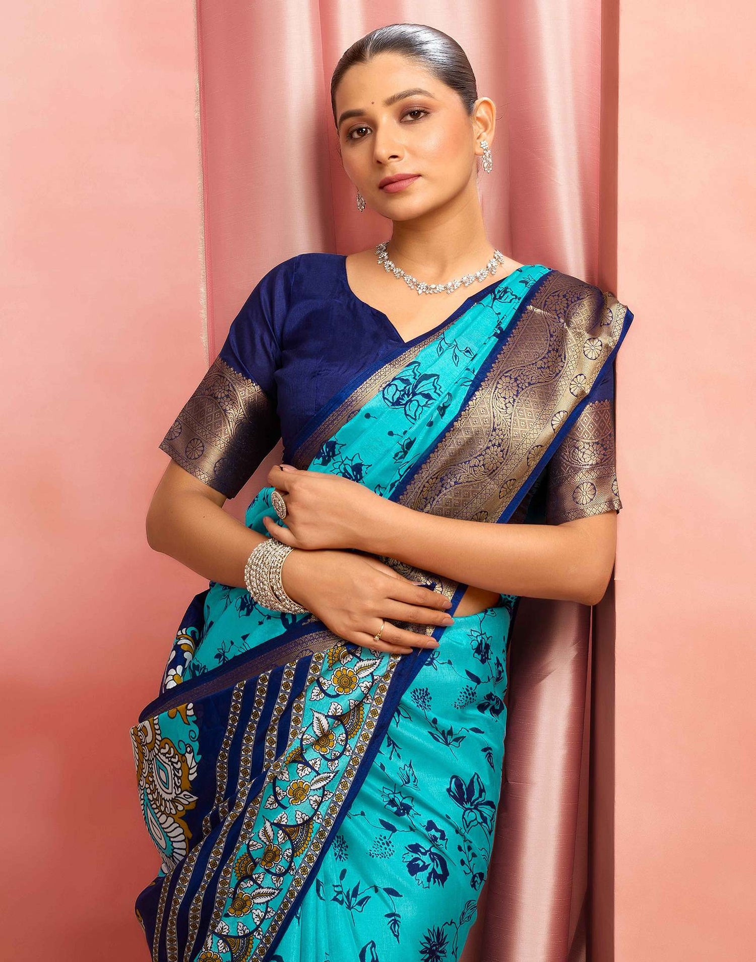 Turquoise Silk Printed Saree