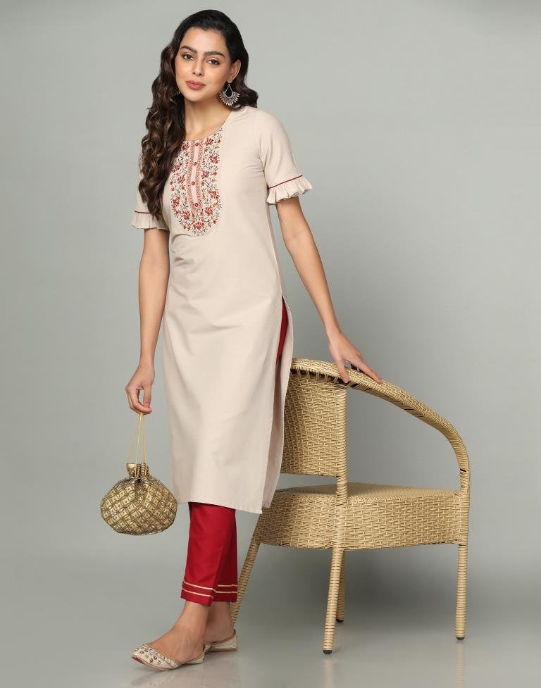 Beige Embroidery Cotton Straight Kurta