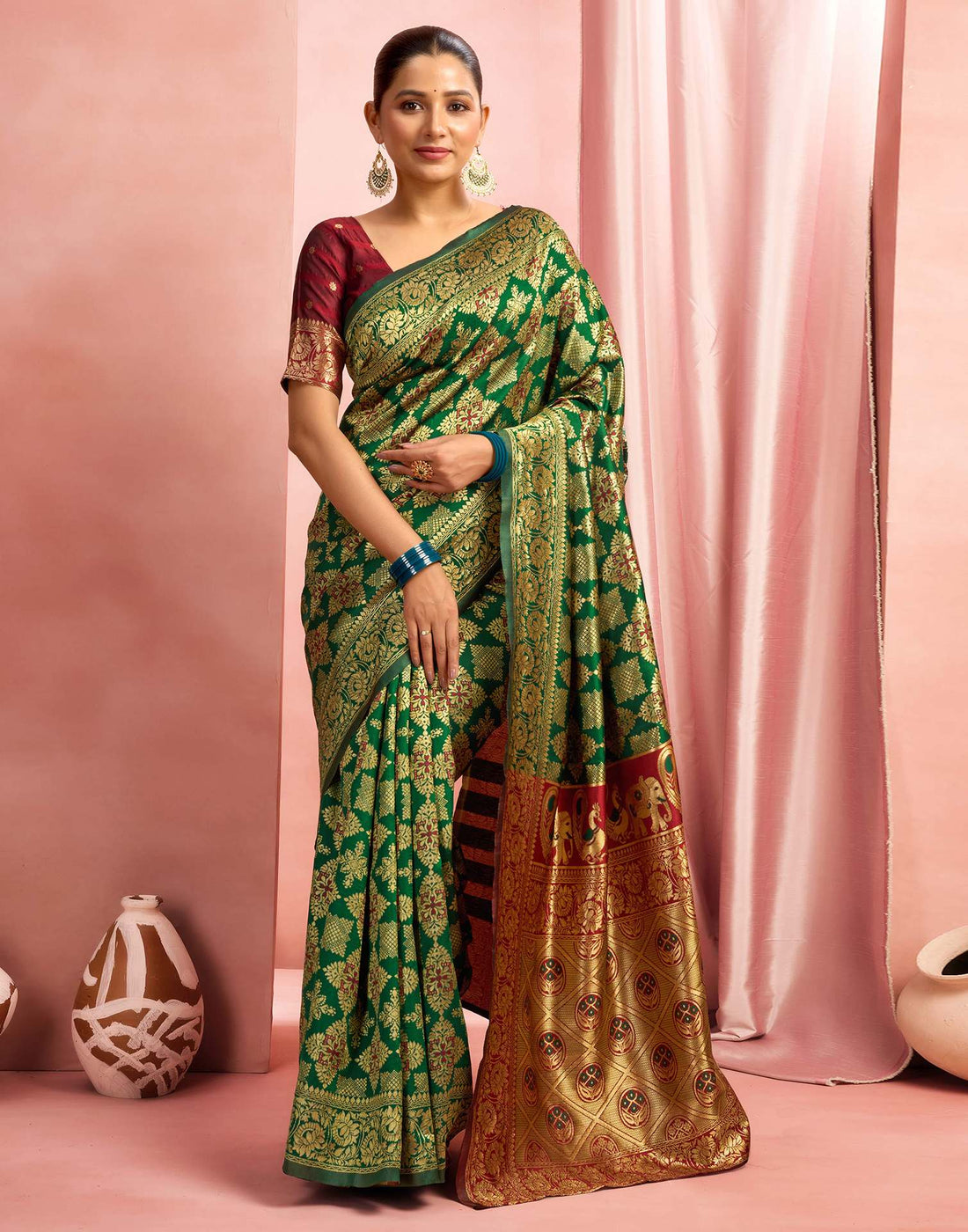 Dark Green Silk Woven Banarasi Saree
