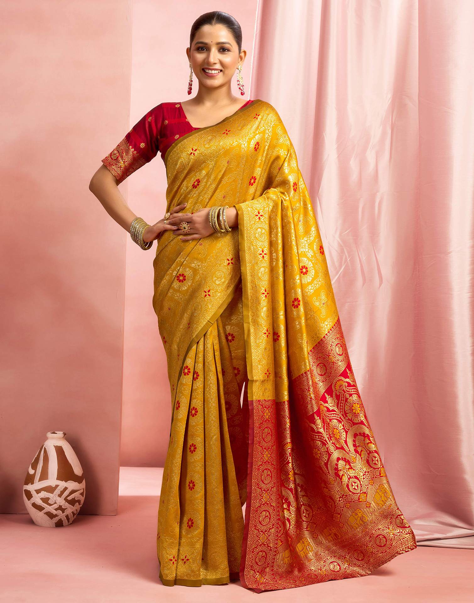 Mustard Yellow Silk Woven Banarasi Saree
